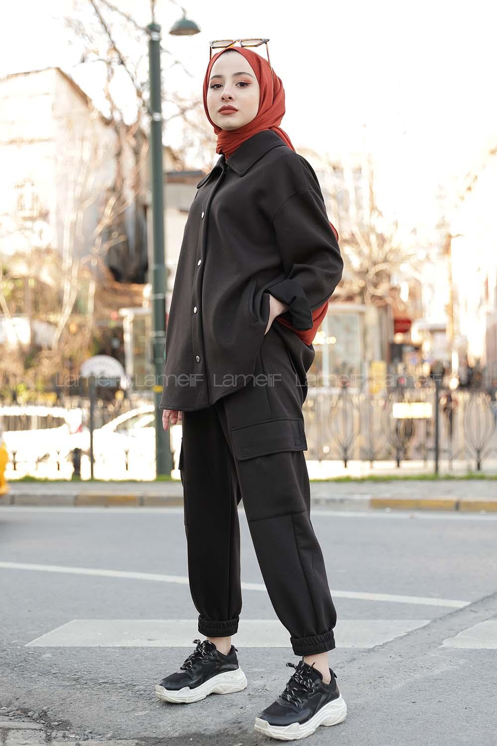 Modalamelif Önü Çıtçıt Düğmeli  İkili Takım  Siyah