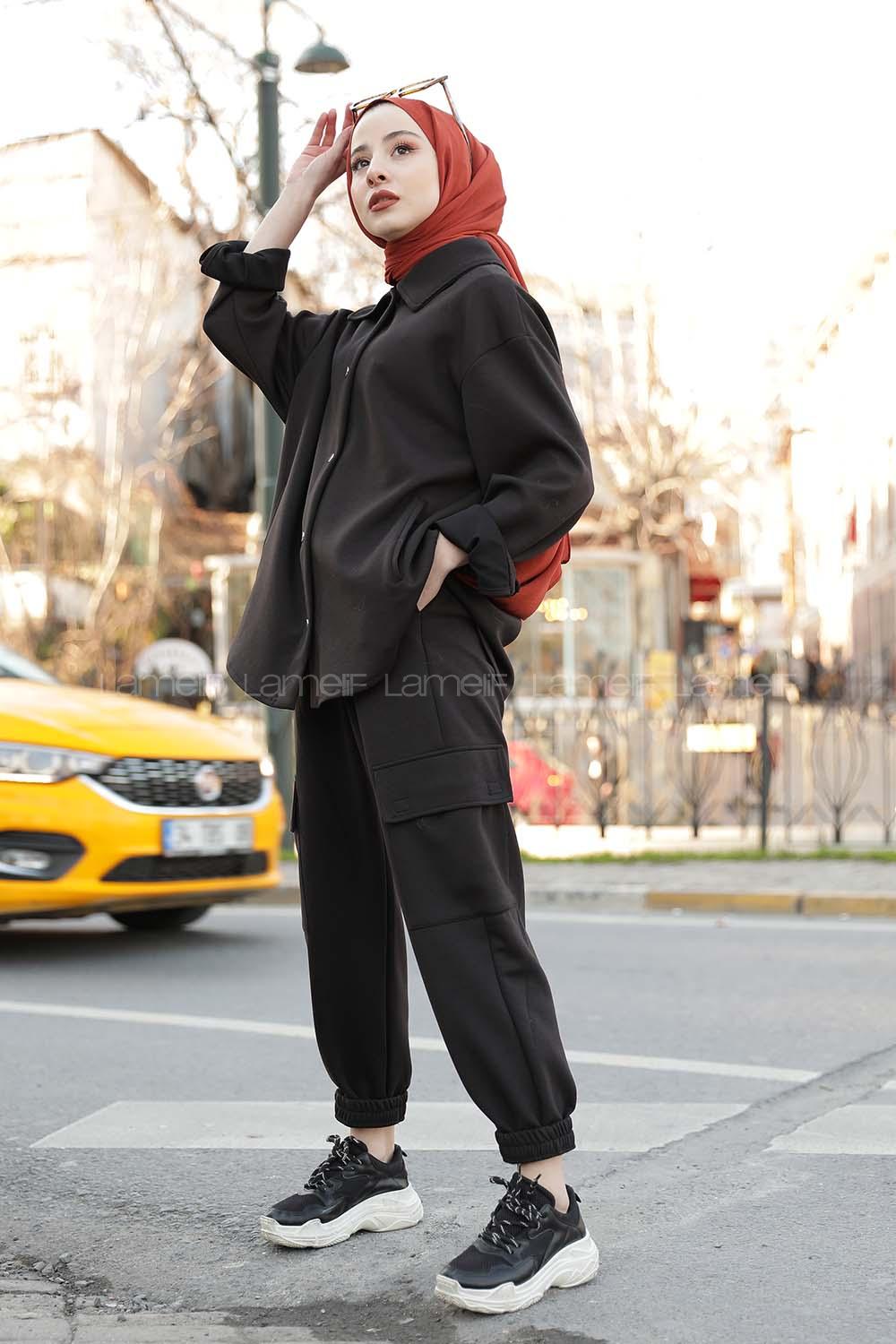 Modalamelif Önü Çıtçıt Düğmeli  İkili Takım  Siyah