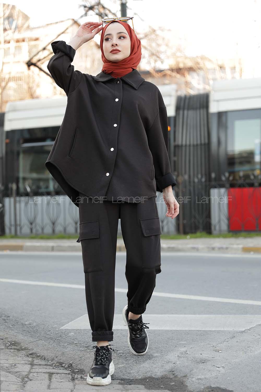 Modalamelif Önü Çıtçıt Düğmeli  İkili Takım  Siyah