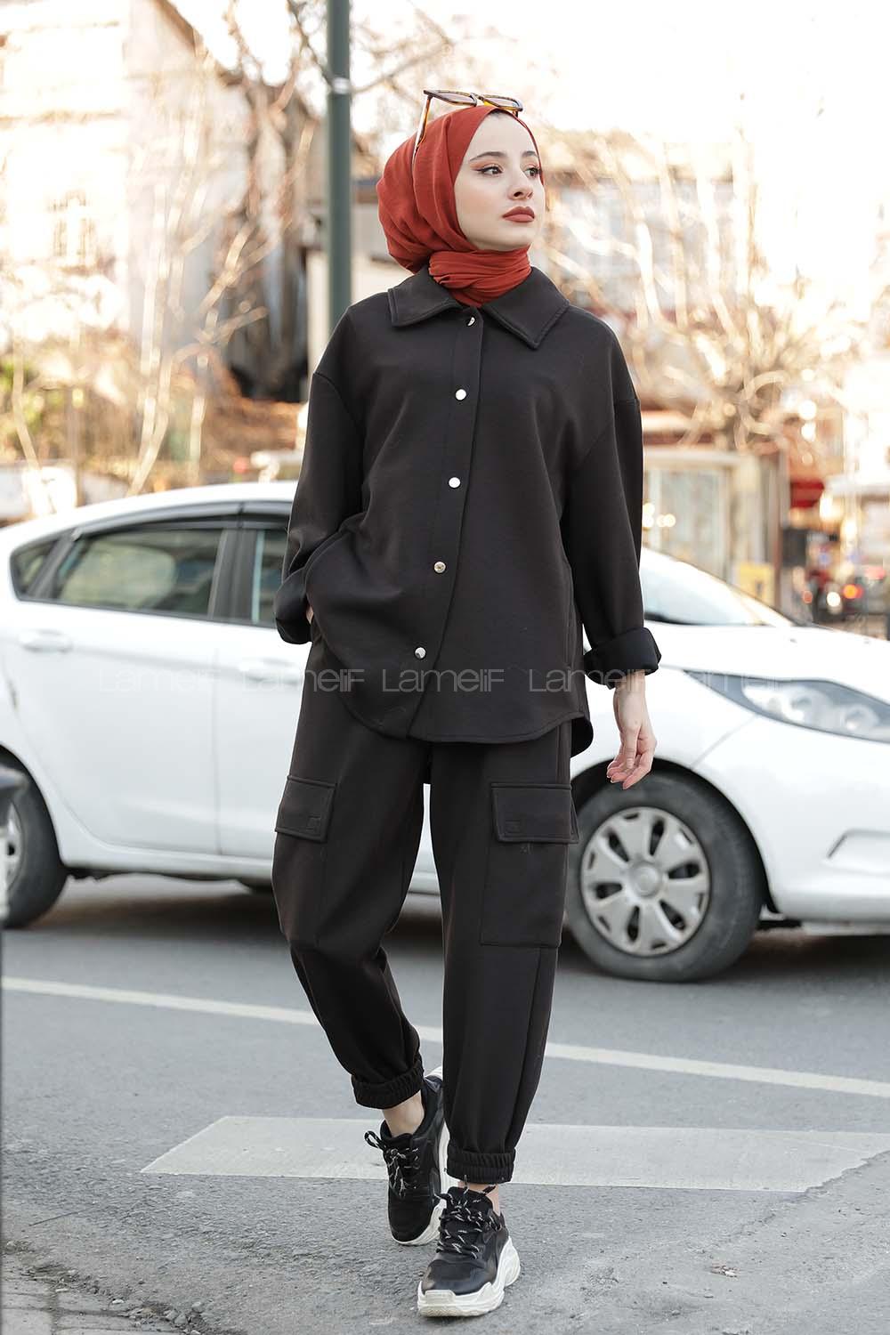 Modalamelif Önü Çıtçıt Düğmeli  İkili Takım  Siyah