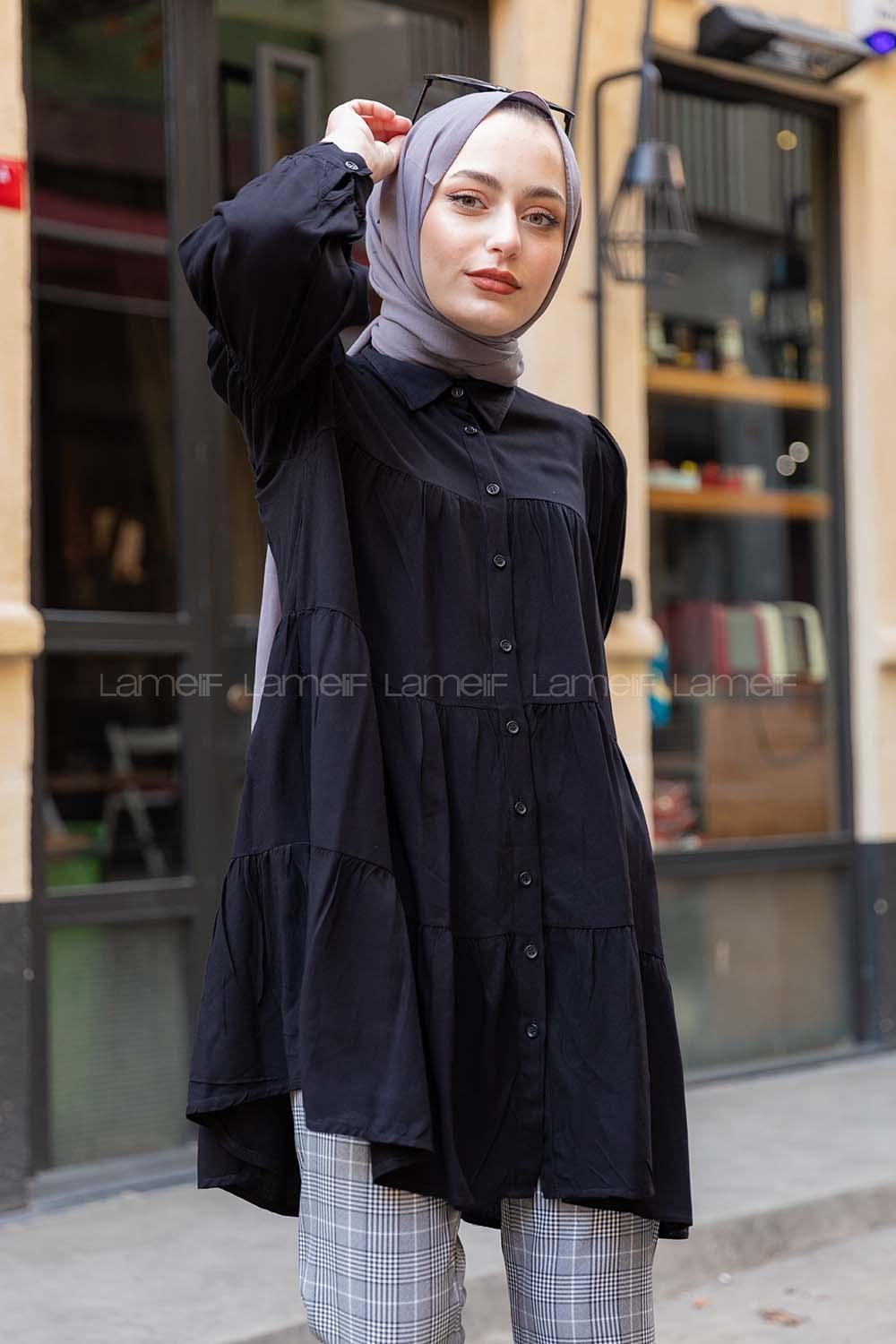 Modalamelif Önü Düğmeli Gömlek  Siyah