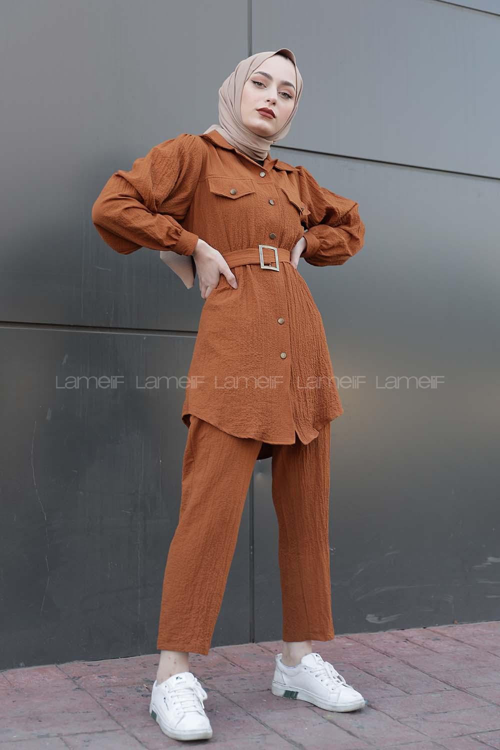 Modalamelif Önü Düğmeli Kemerli İkili Takım Taba