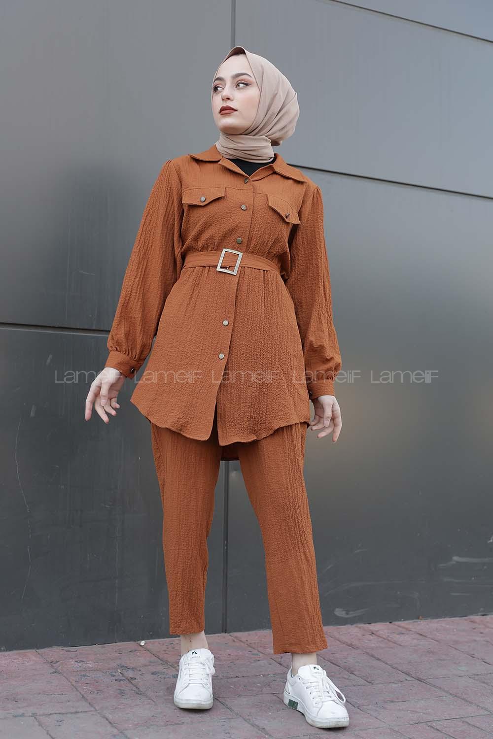 Modalamelif Önü Düğmeli Kemerli İkili Takım Taba