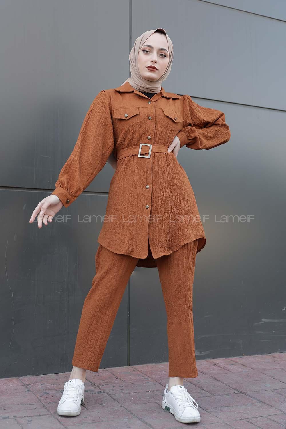 Modalamelif Önü Düğmeli Kemerli İkili Takım Taba