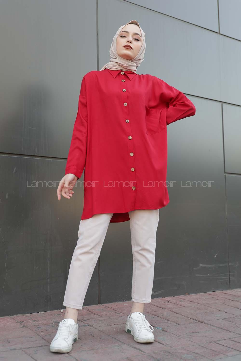 Modalamelif Önü Düğmeli Tek Cepli Gömlek Bordo