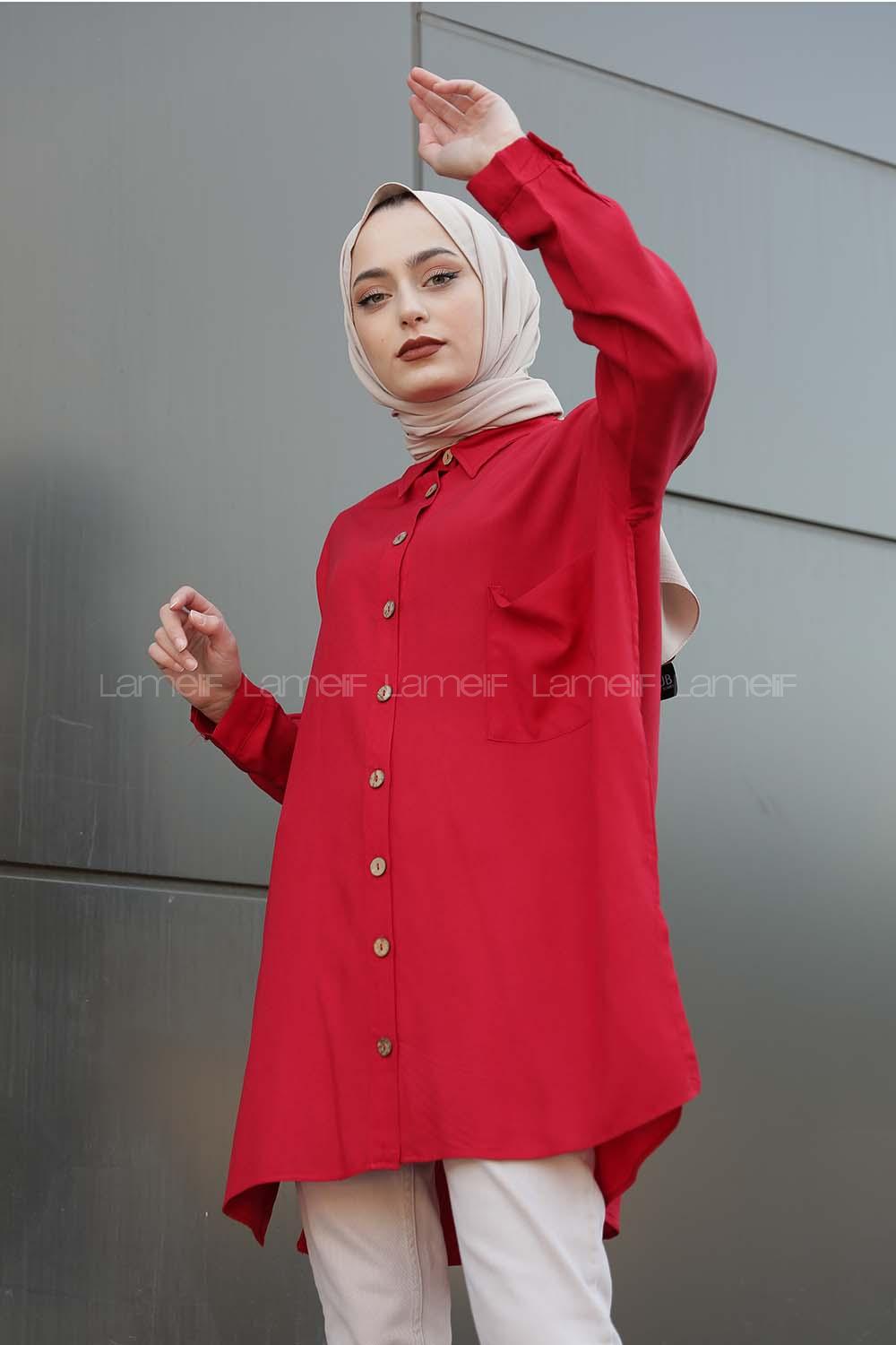 Modalamelif Önü Düğmeli Tek Cepli Gömlek Bordo