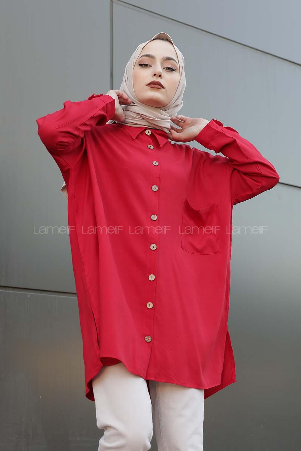 Modalamelif Önü Düğmeli Tek Cepli Gömlek Bordo