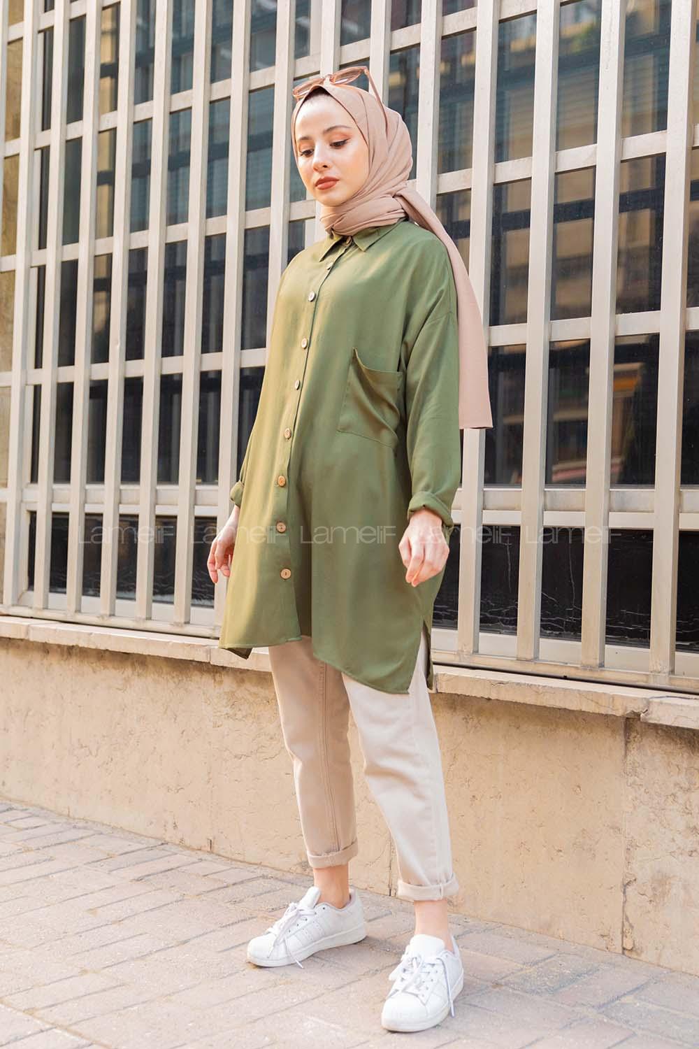 Modalamelif Önü Düğmeli Tek Cepli Gömlek Haki