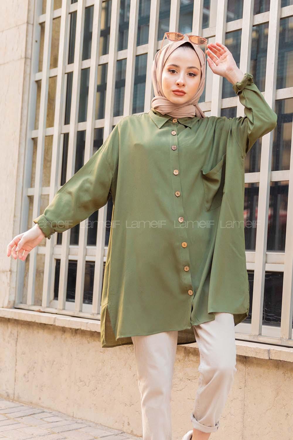 Modalamelif Önü Düğmeli Tek Cepli Gömlek Haki