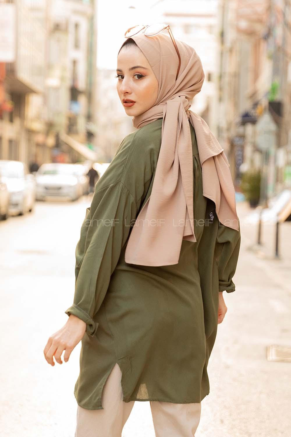 Modalamelif Önü Düğmeli Tek Cepli Gömlek Haki