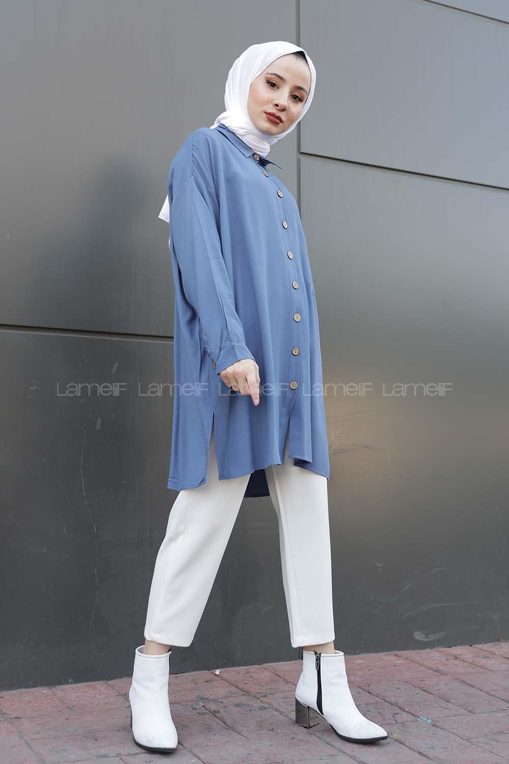 Modalamelif Önü Düğmeli Tek Cepli Gömlek İndigo