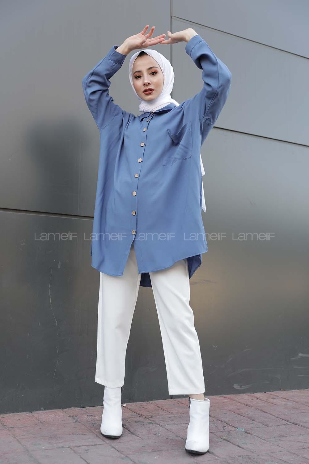 Modalamelif Önü Düğmeli Tek Cepli Gömlek İndigo