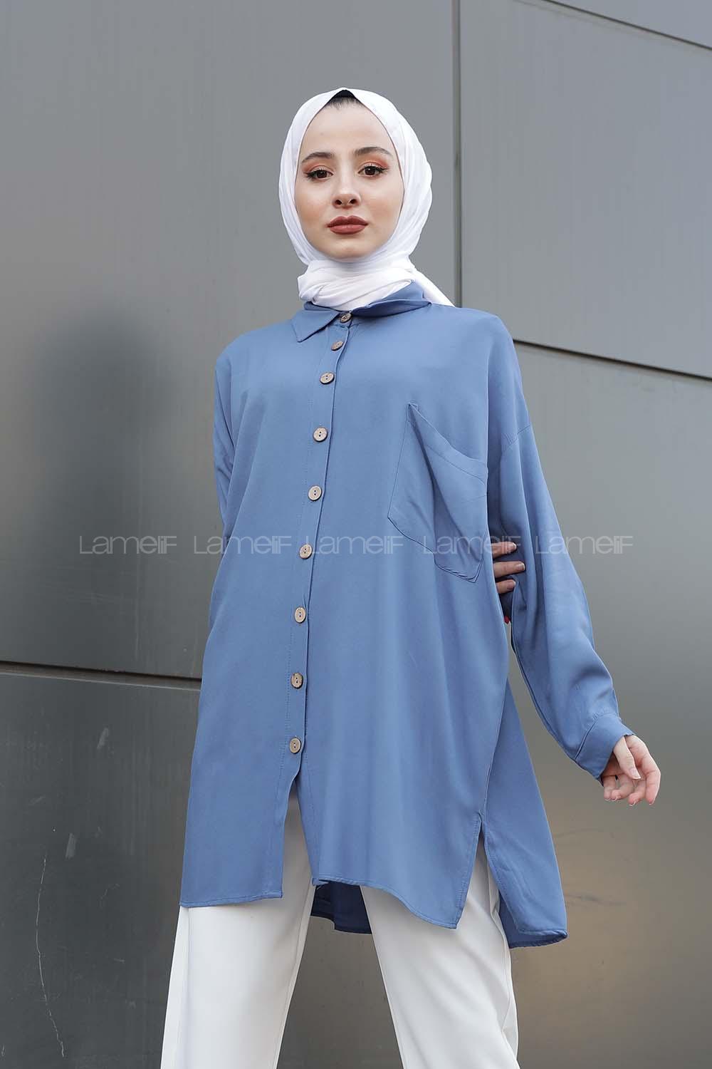 Modalamelif Önü Düğmeli Tek Cepli Gömlek İndigo