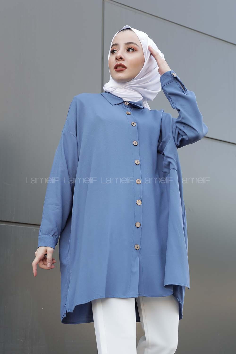 Modalamelif Önü Düğmeli Tek Cepli Gömlek İndigo