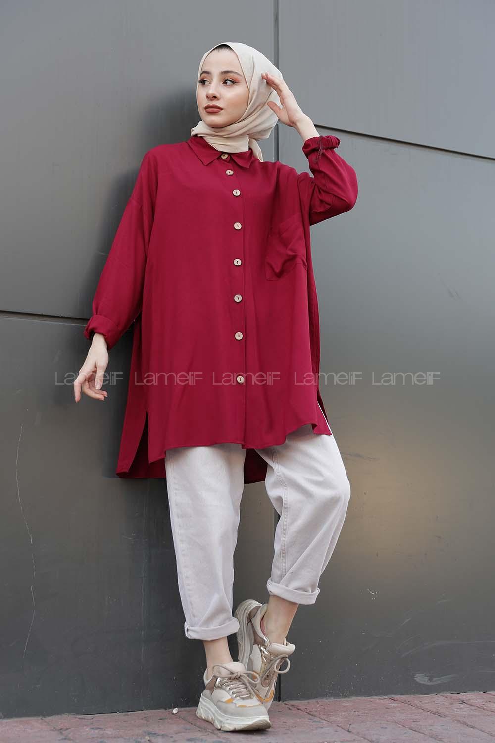 Modalamelif Önü Düğmeli Tek Cepli Gömlek Şarabi