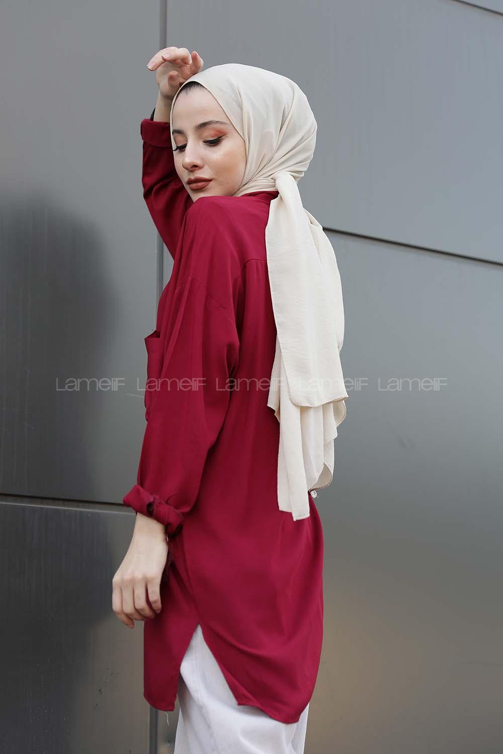 Modalamelif Önü Düğmeli Tek Cepli Gömlek Şarabi