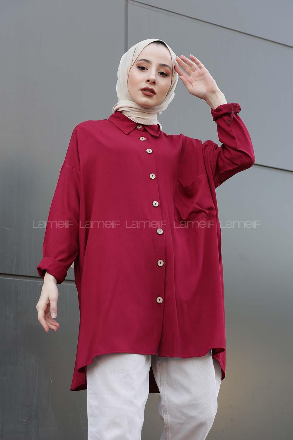 Modalamelif Önü Düğmeli Tek Cepli Gömlek Şarabi