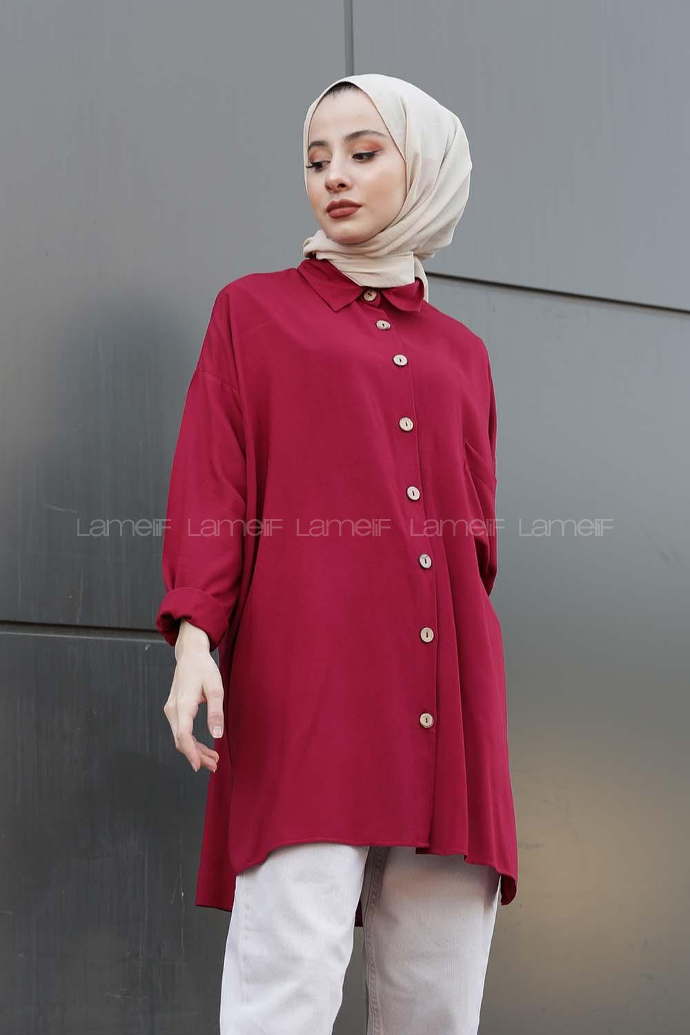 Modalamelif Önü Düğmeli Tek Cepli Gömlek Şarabi
