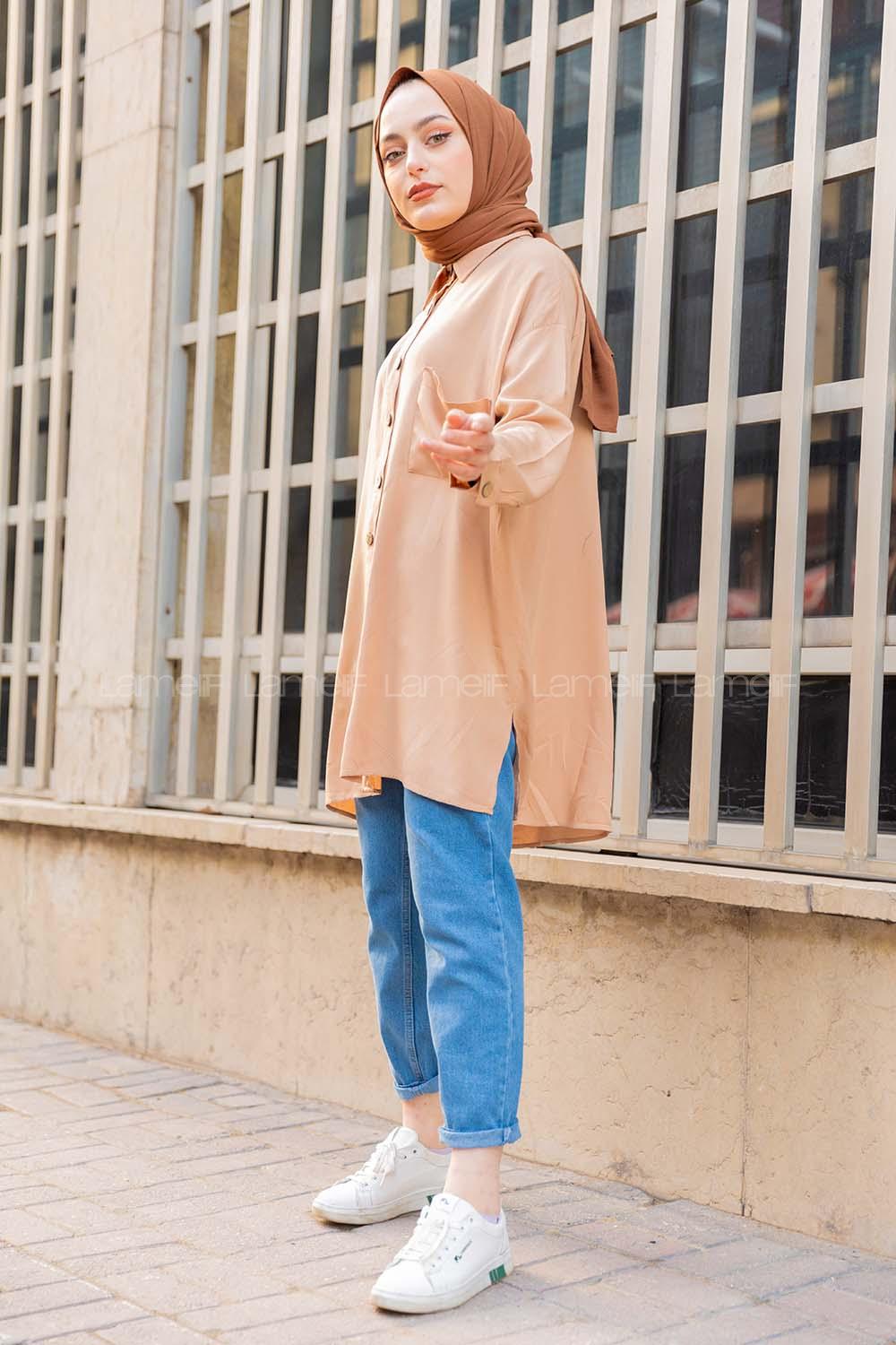 Modalamelif Önü Düğmeli Tek Cepli Gömlek Sütlü Kahve