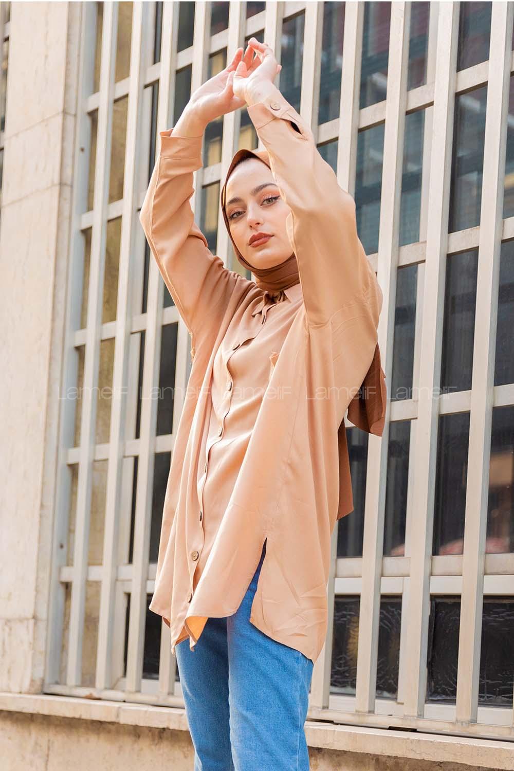 Modalamelif Önü Düğmeli Tek Cepli Gömlek Sütlü Kahve