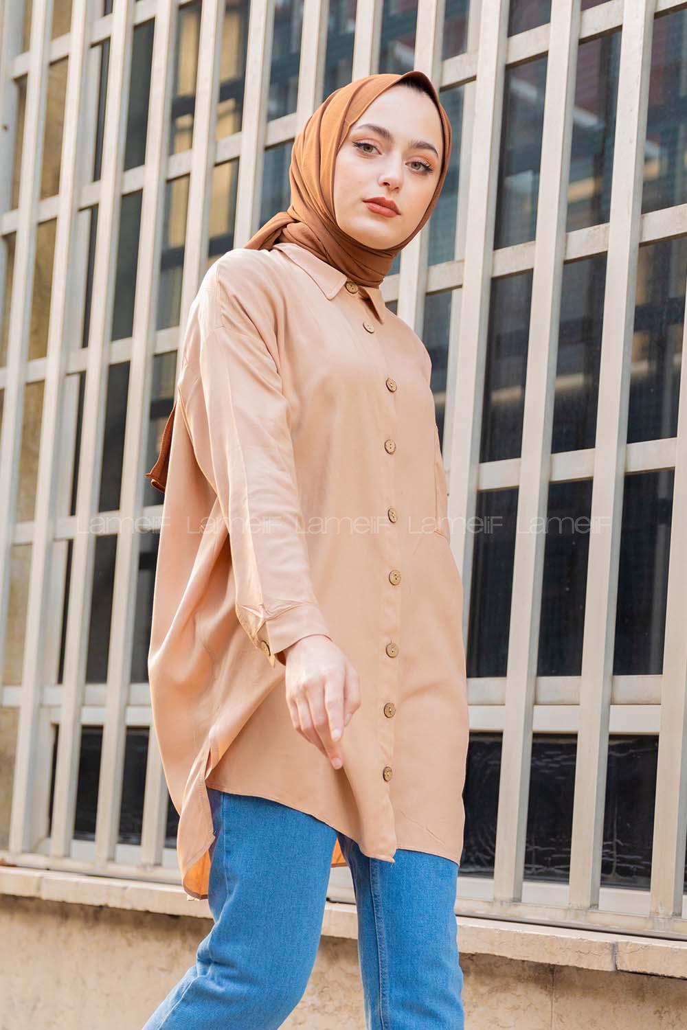Modalamelif Önü Düğmeli Tek Cepli Gömlek Sütlü Kahve