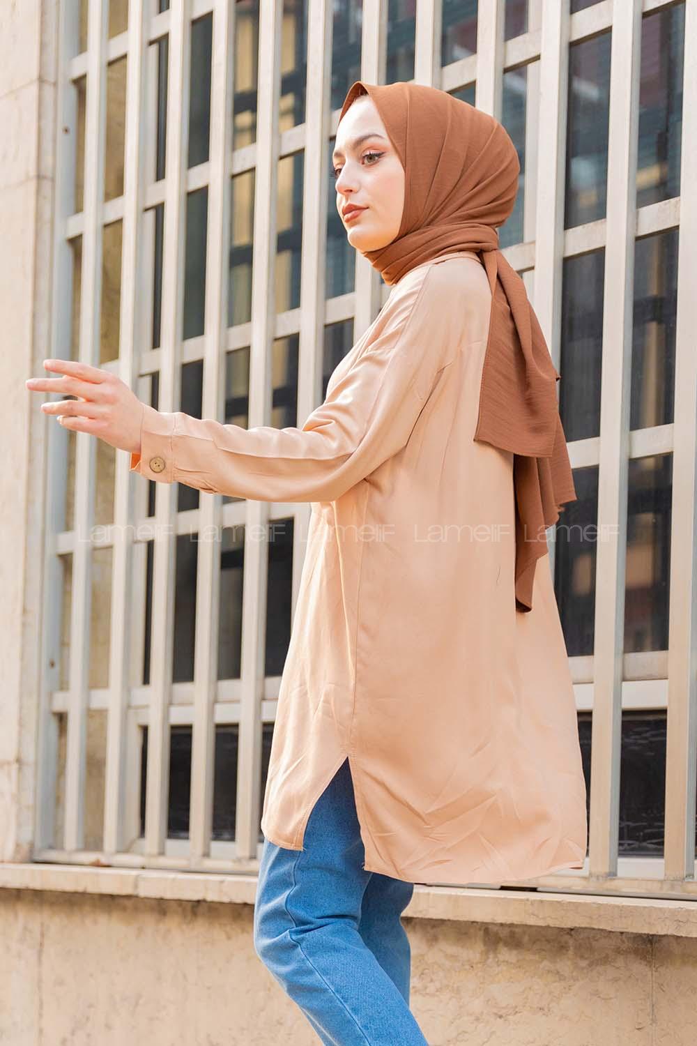 Modalamelif Önü Düğmeli Tek Cepli Gömlek Sütlü Kahve