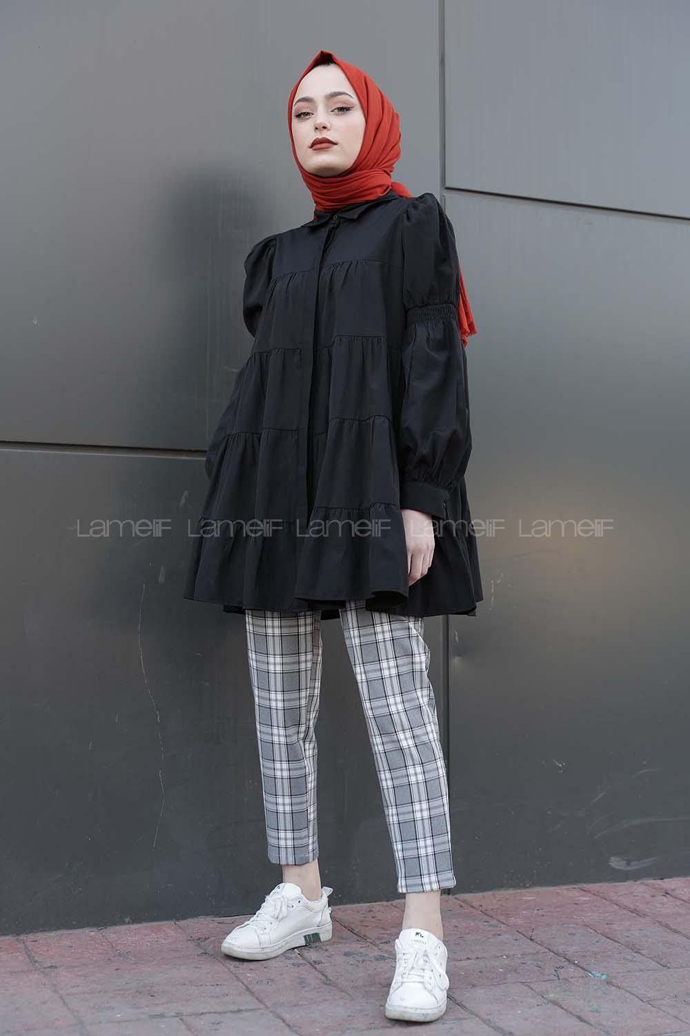 Modalamelif Önü Gizli Düğmeli Katlı Gömlek Siyah