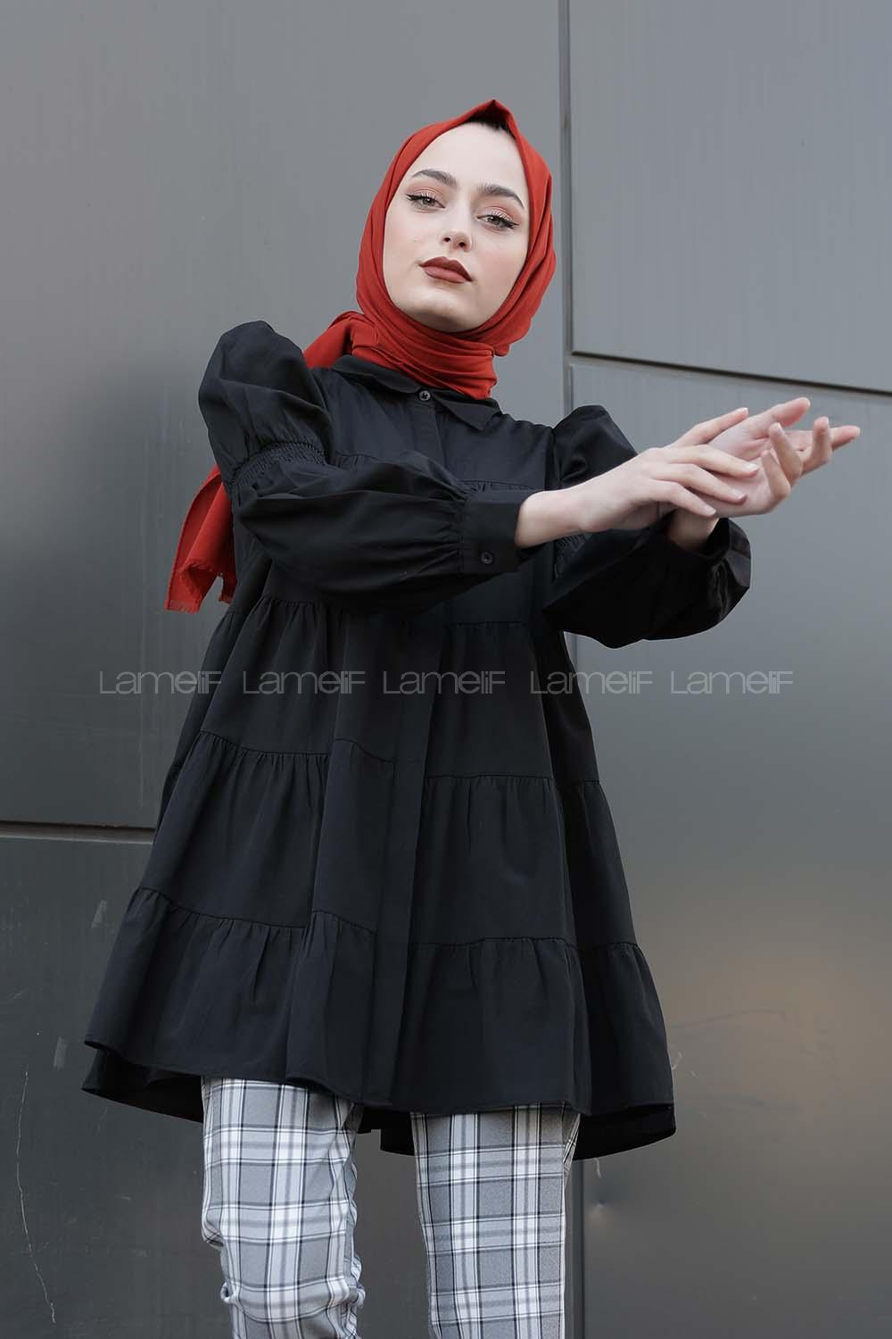 Modalamelif Önü Gizli Düğmeli Katlı Gömlek Siyah