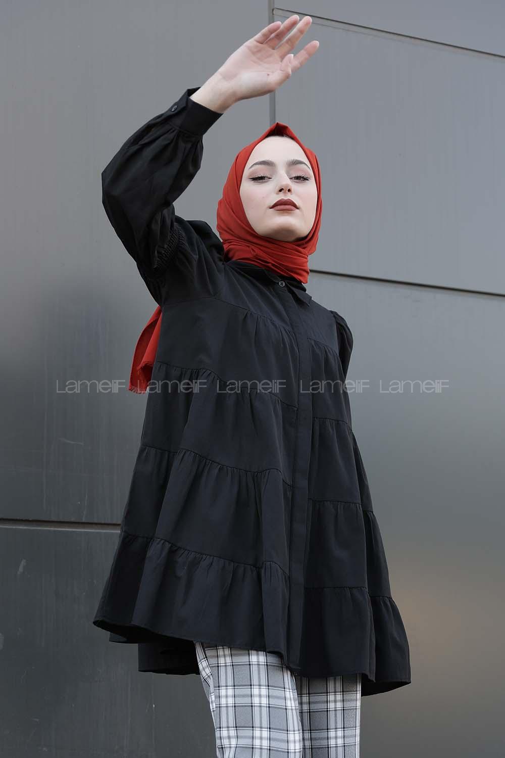 Modalamelif Önü Gizli Düğmeli Katlı Gömlek Siyah