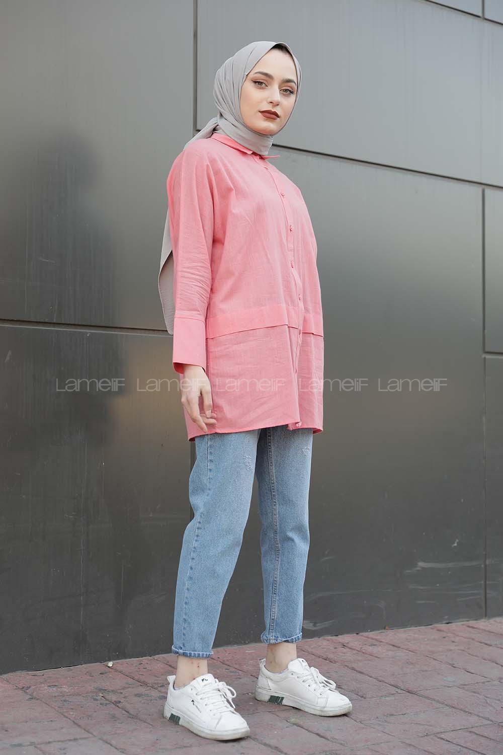 Modalamelif Önü Katlı Keten Gömlek Şeker Pembesi