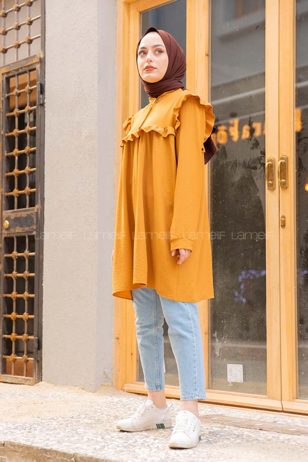 Modalamelif Önü Yarım Düğmeli Fırfır Detaylı Tunik Camel