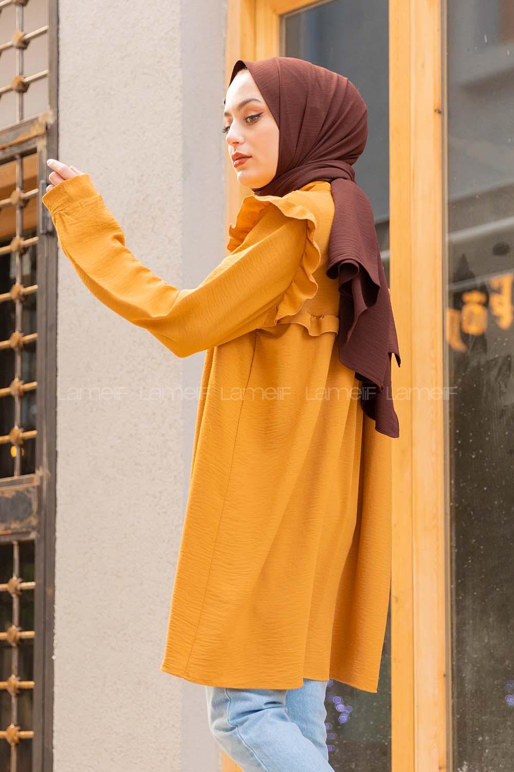 Modalamelif Önü Yarım Düğmeli Fırfır Detaylı Tunik Camel