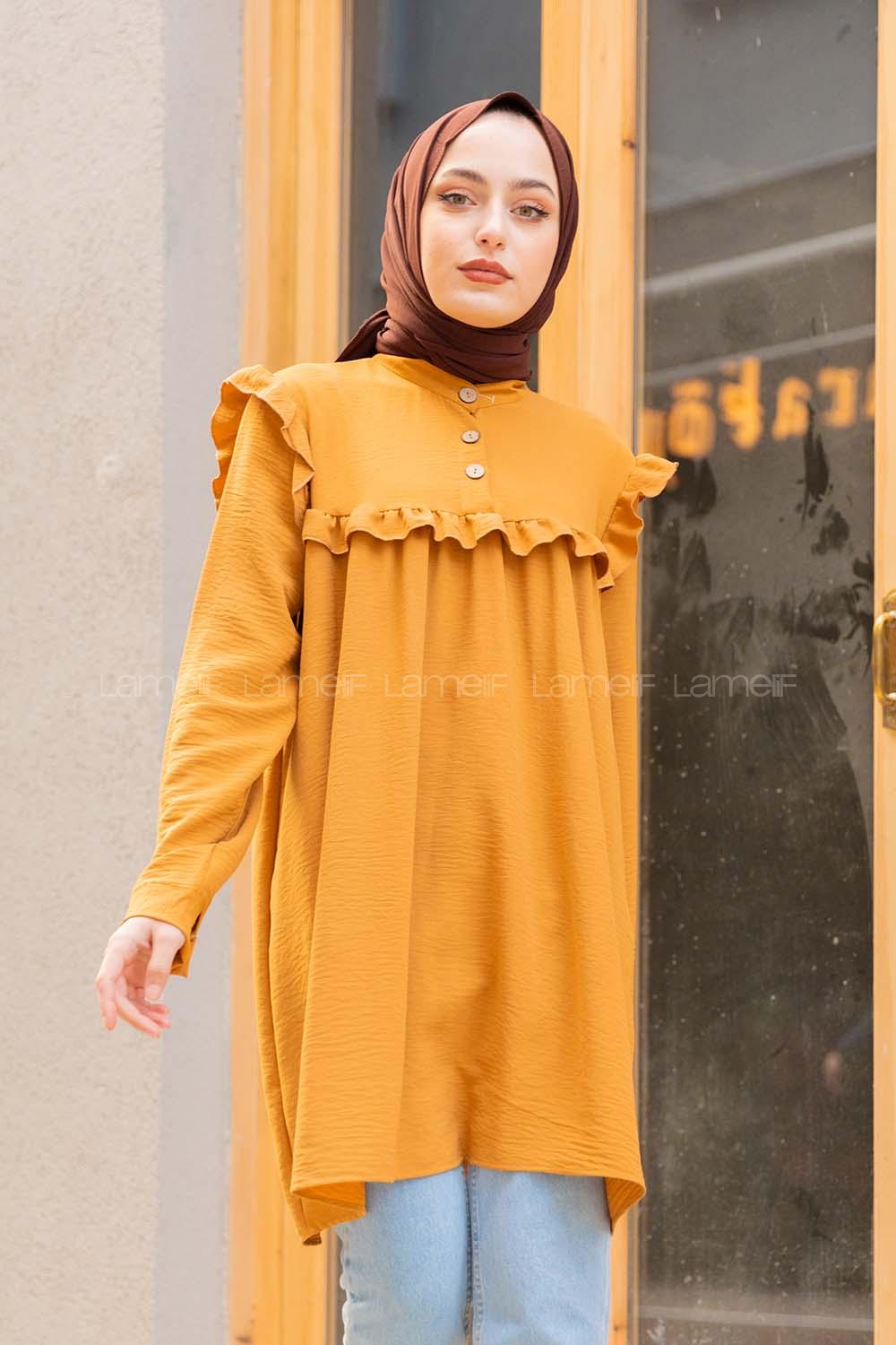 Modalamelif Önü Yarım Düğmeli Fırfır Detaylı Tunik Camel