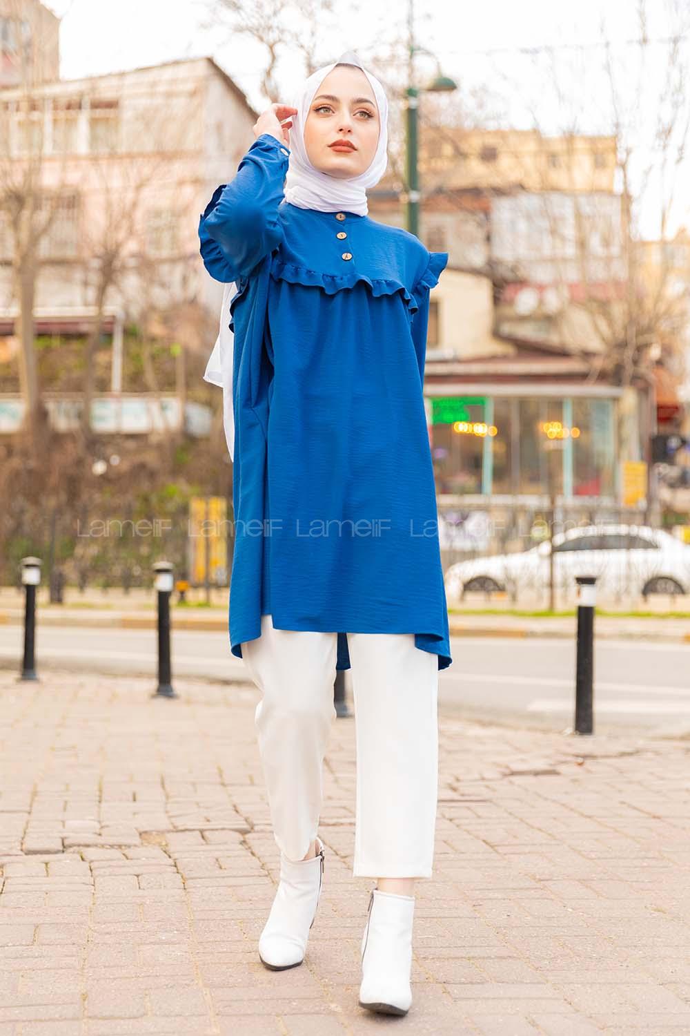 Modalamelif Önü Yarım Düğmeli Fırfır Detaylı Tunik İndigo