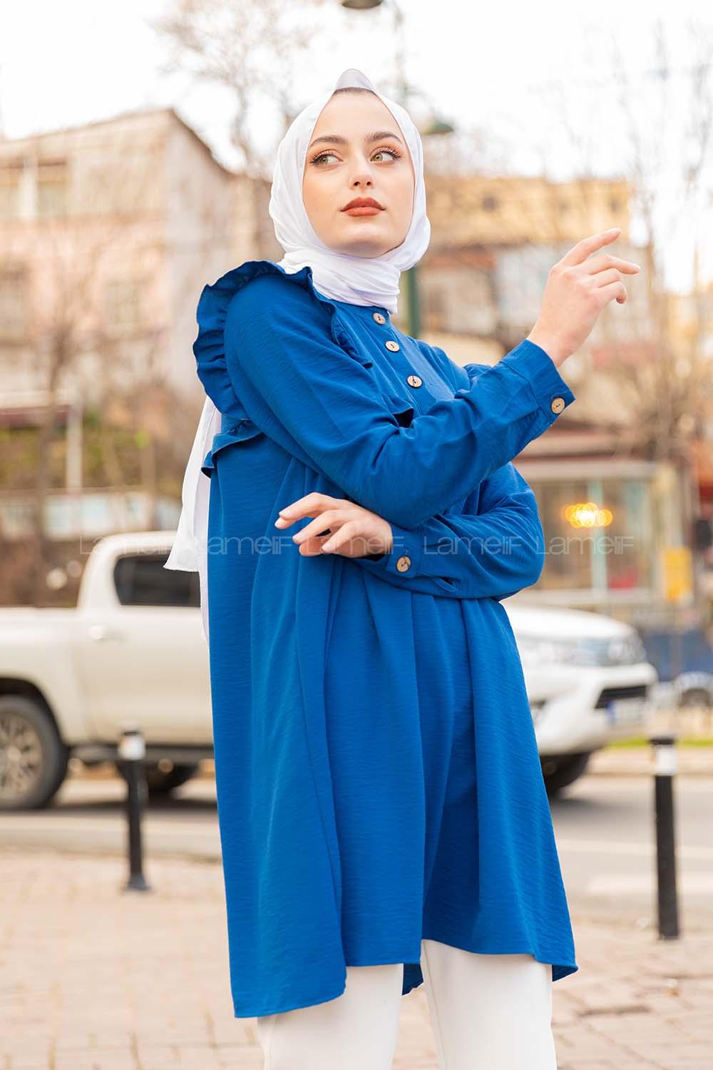 Modalamelif Önü Yarım Düğmeli Fırfır Detaylı Tunik İndigo