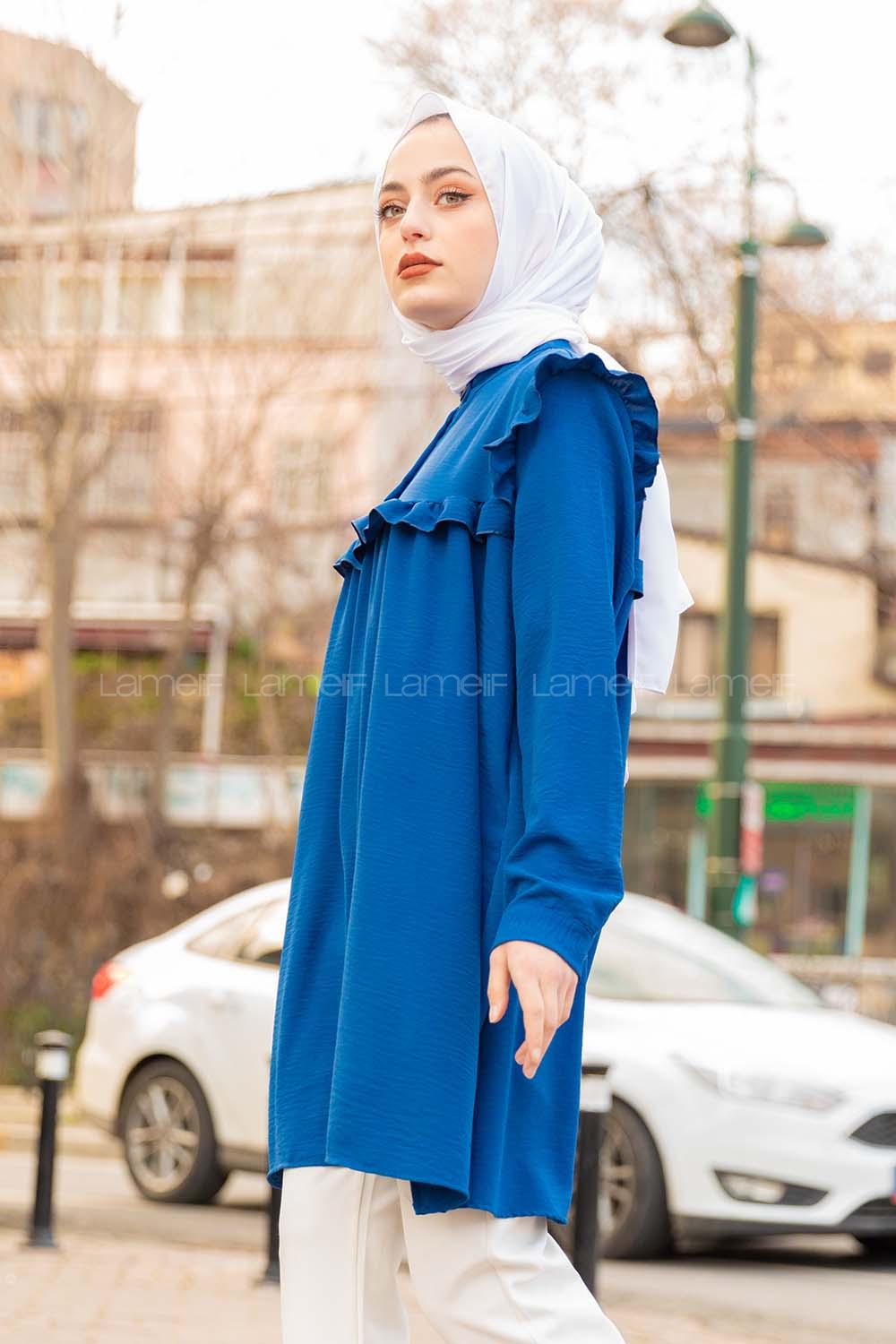 Modalamelif Önü Yarım Düğmeli Fırfır Detaylı Tunik İndigo