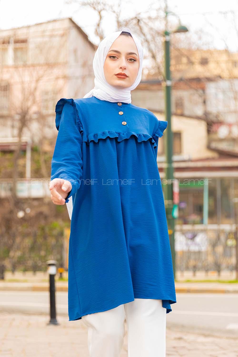 Modalamelif Önü Yarım Düğmeli Fırfır Detaylı Tunik İndigo