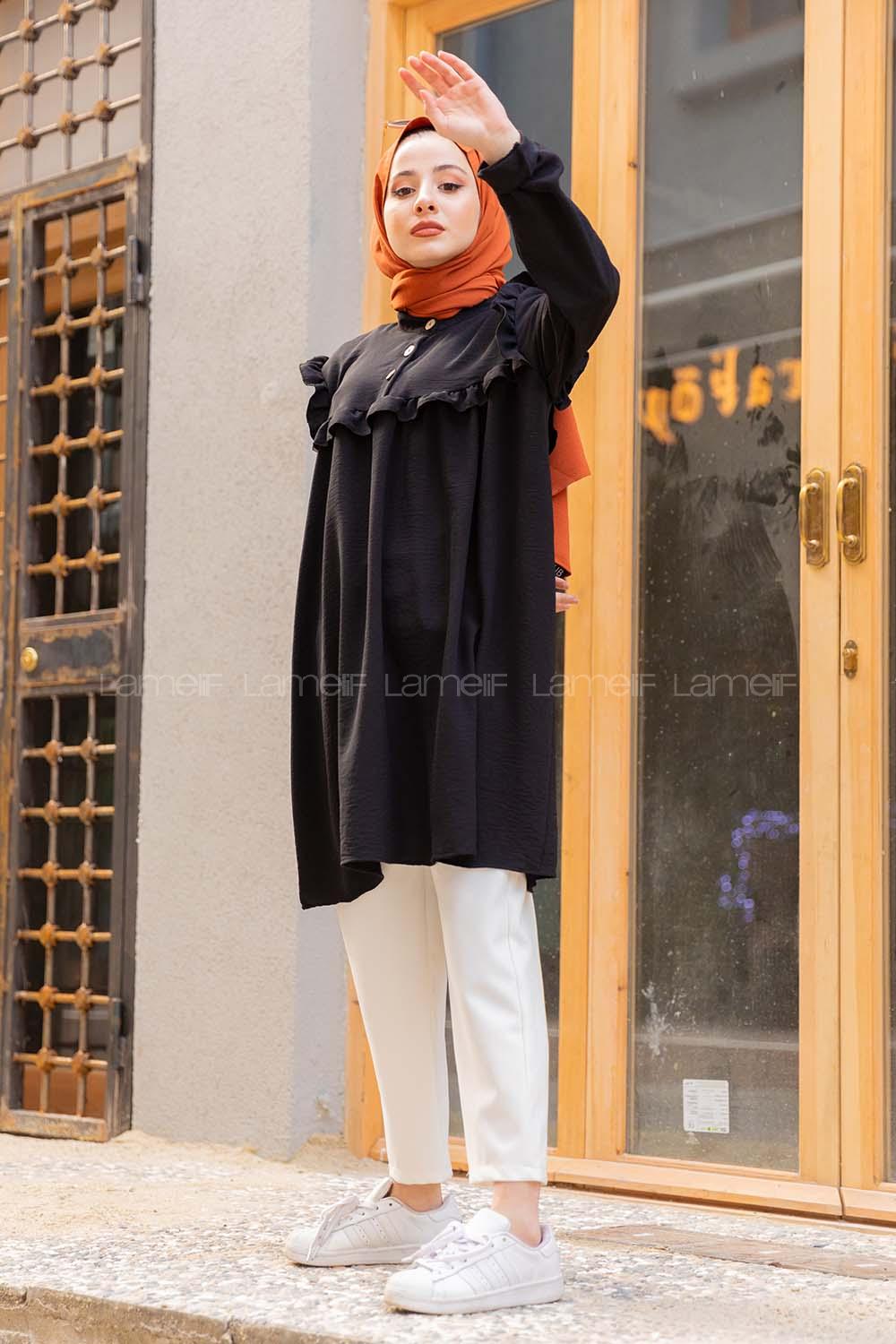 Modalamelif Önü Yarım Düğmeli Fırfır Detaylı Tunik Siyah