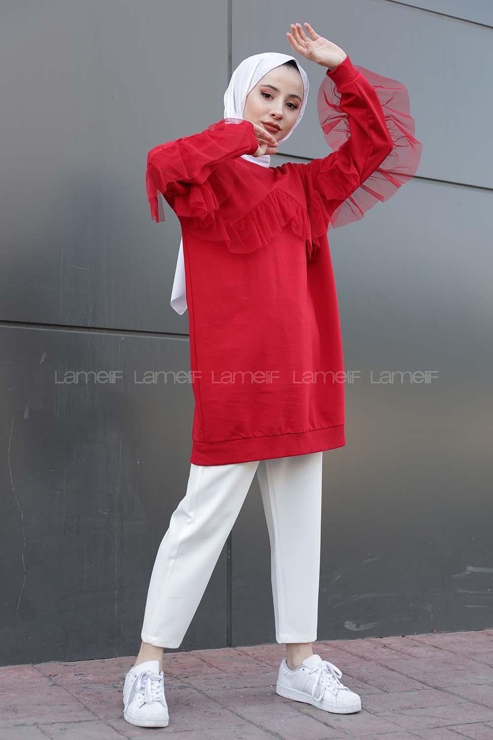 Modalamelif  Tül Detaylı Tunik  Kırmızı