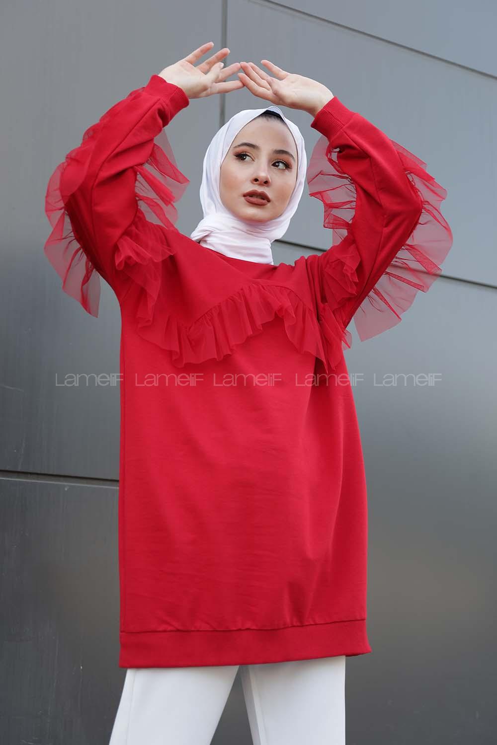 Modalamelif  Tül Detaylı Tunik  Kırmızı