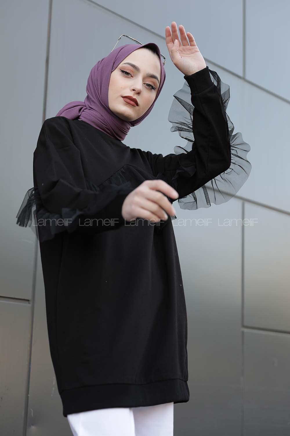 Modalamelif  Tül Detaylı Tunik Siyah