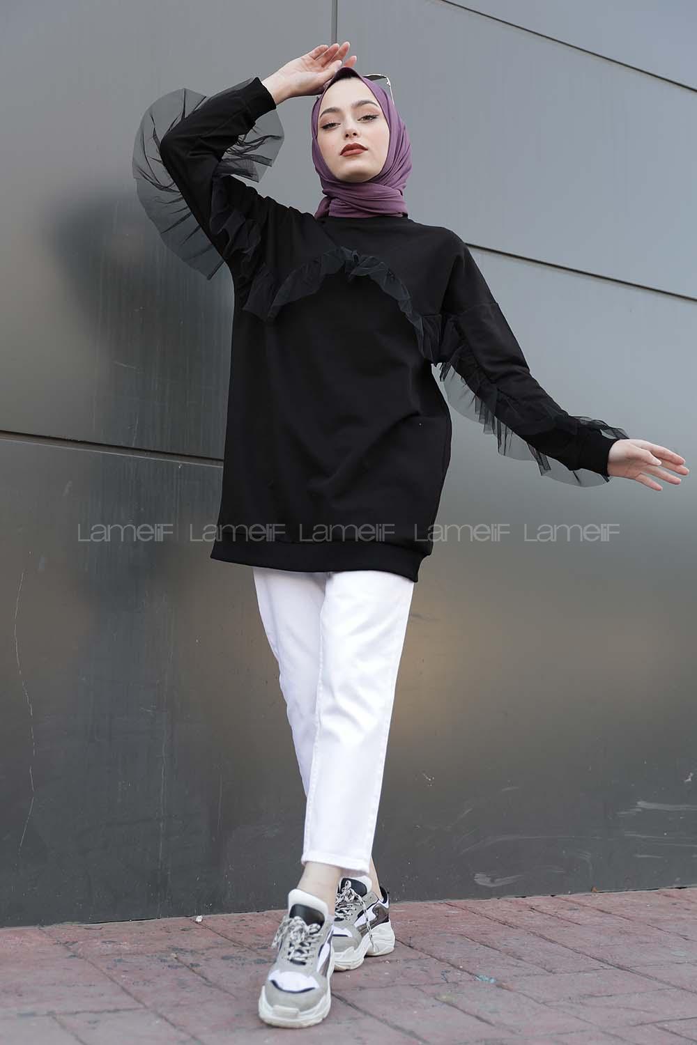 Modalamelif  Tül Detaylı Tunik Siyah