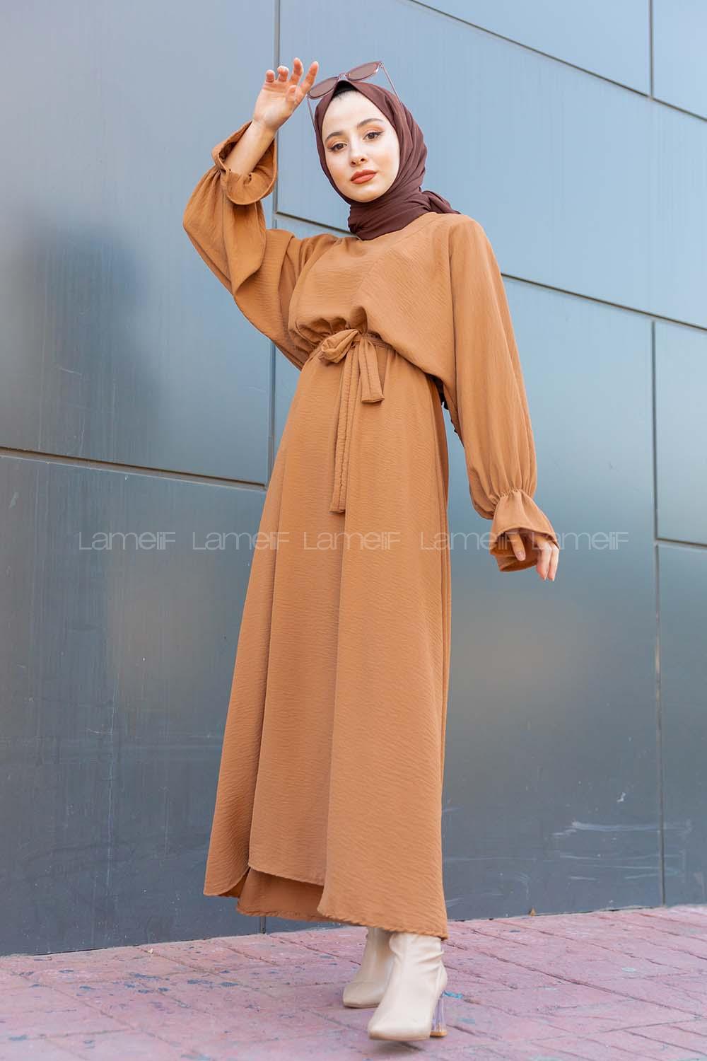 Modalamelif Yarasa Kol Kemer Detaylı  Elbise Camel