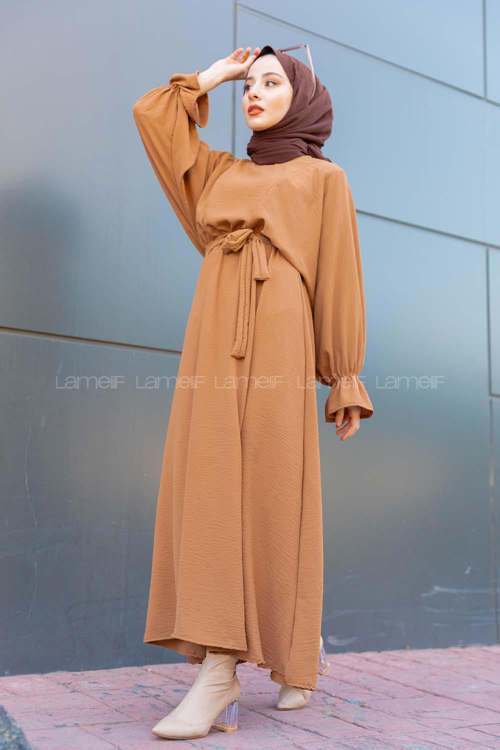 Modalamelif Yarasa Kol Kemer Detaylı  Elbise Camel