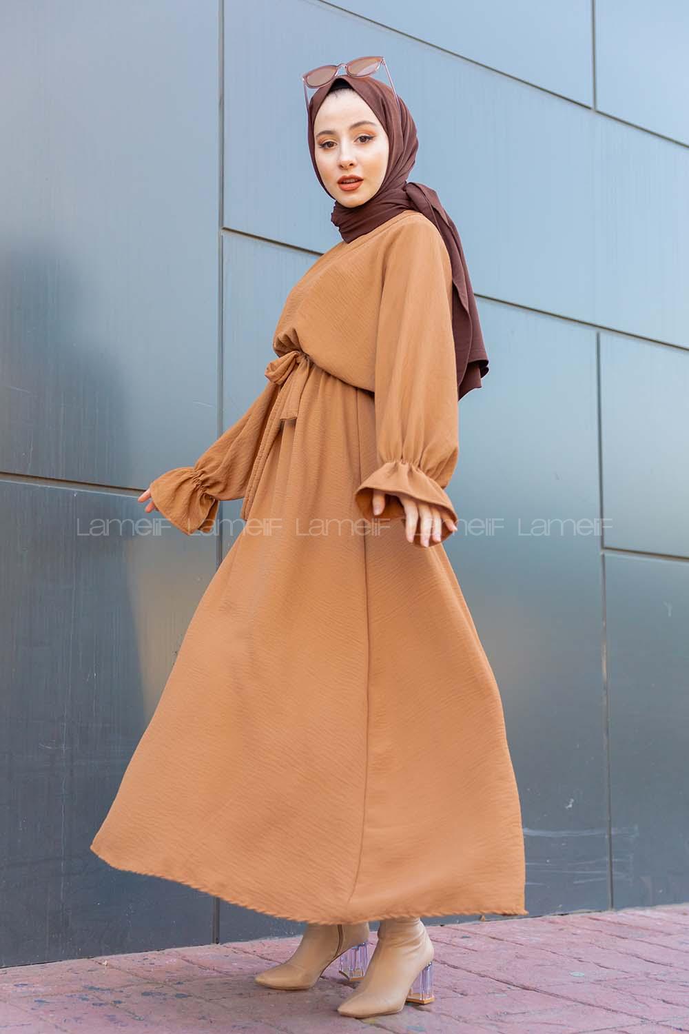 Modalamelif Yarasa Kol Kemer Detaylı  Elbise Camel