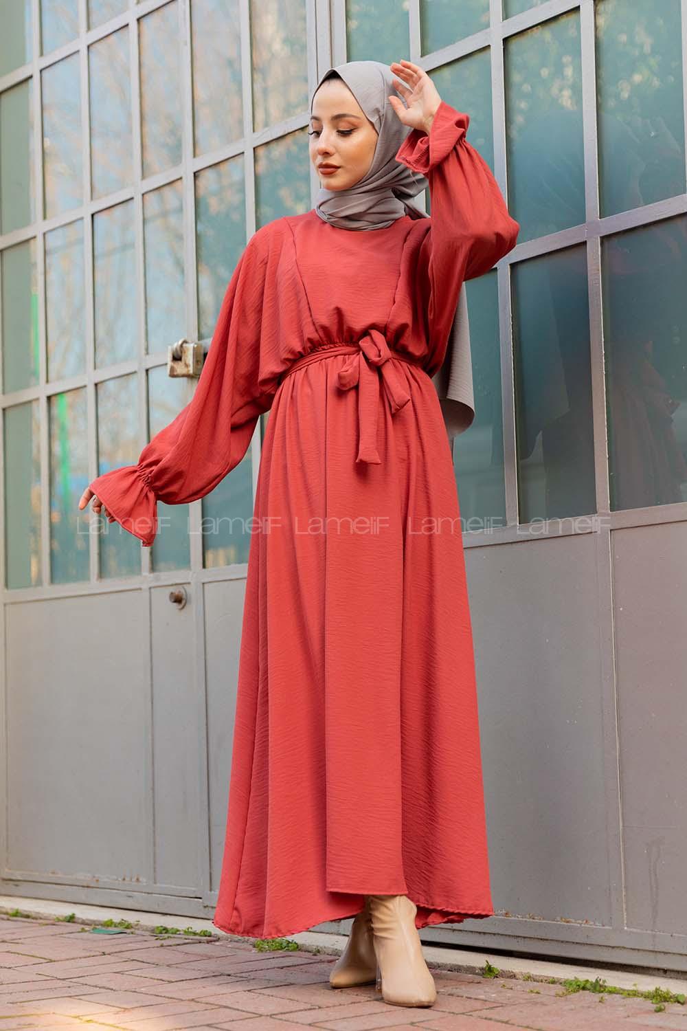 Modalamelif Yarasa Kol Kemer Detaylı  Elbise Gül