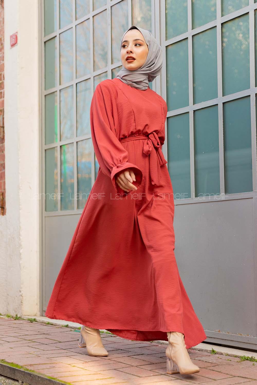 Modalamelif Yarasa Kol Kemer Detaylı  Elbise Gül