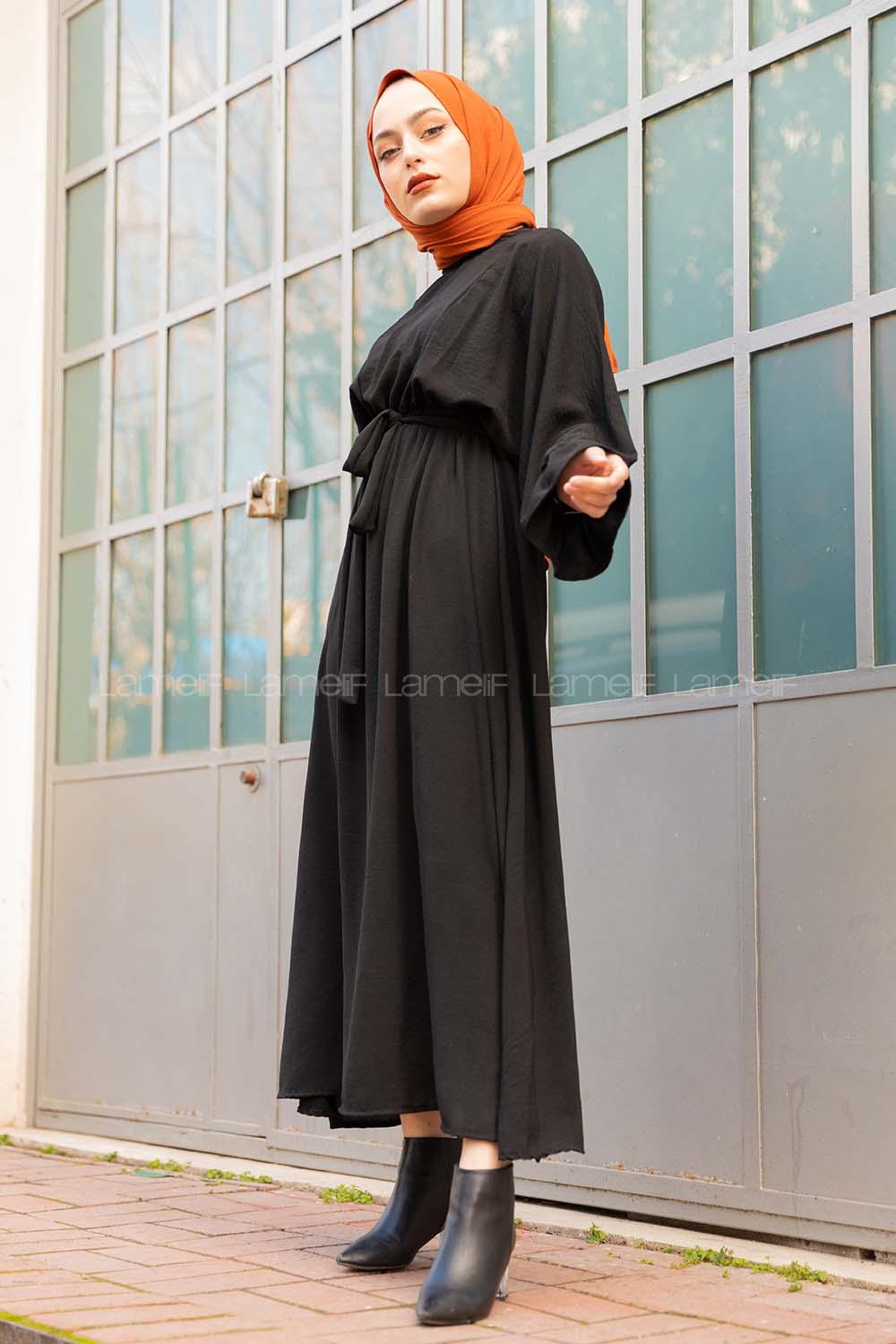 Modalamelif Yarasa Kol Kemer Detaylı  Elbise Siyah