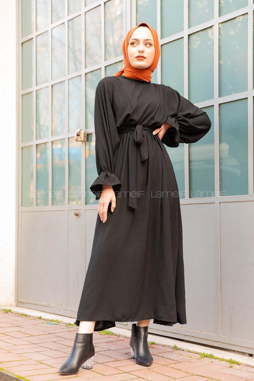 Modalamelif Yarasa Kol Kemer Detaylı  Elbise Siyah