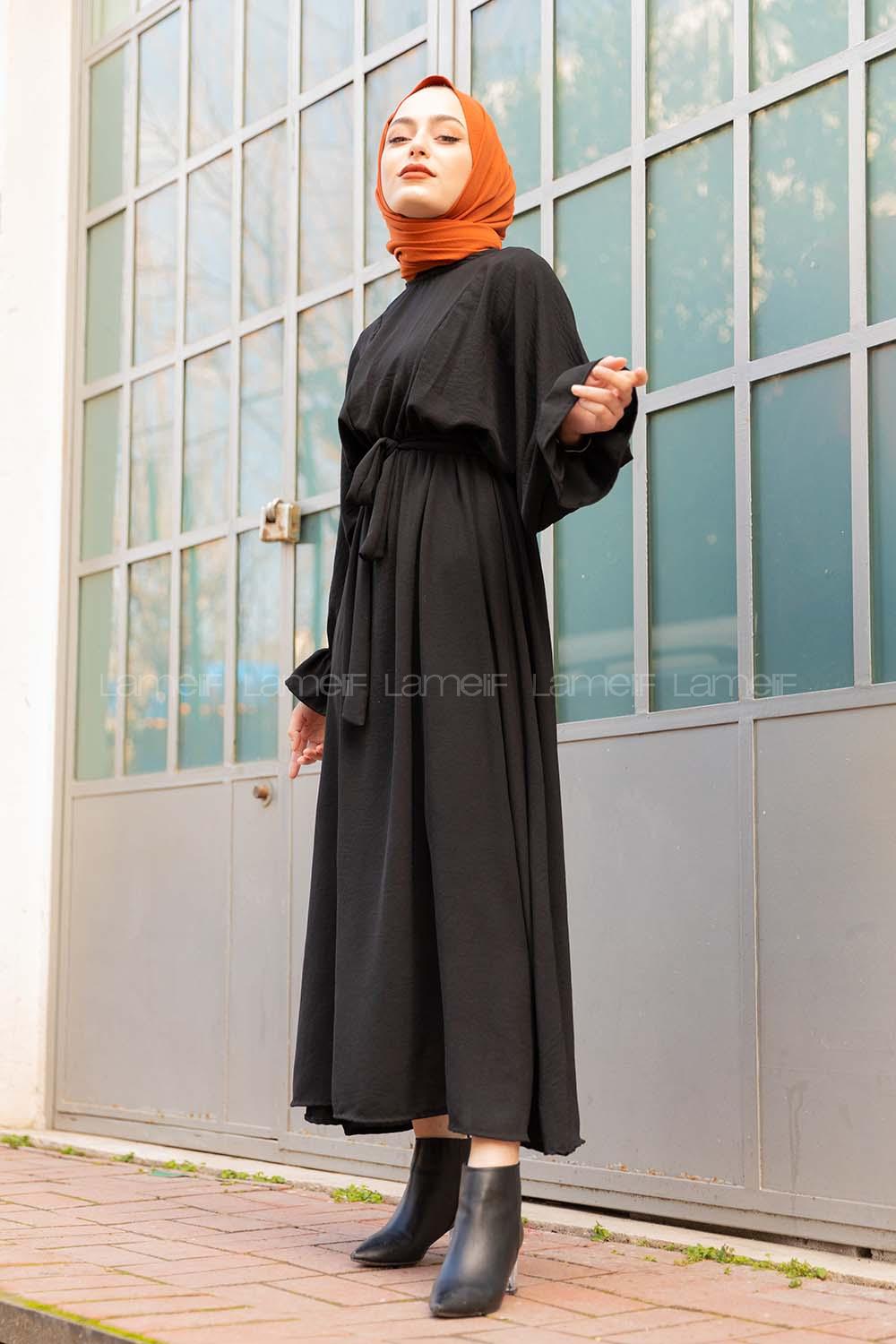 Modalamelif Yarasa Kol Kemer Detaylı  Elbise Siyah